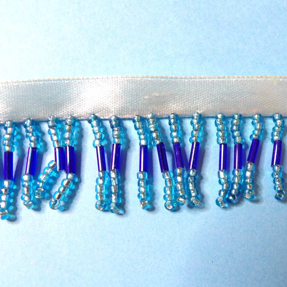 10 metres of  Turquoise and Royal Blue Colour beaded fringing with 9mm ribbon 30mm wide clearance