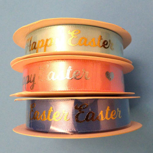 10 metres of satin ribbon with Happy Easter and Heart Design 15mm wide Choice of colour