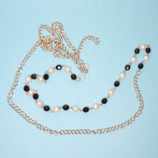 Silver Colour  Chain with 8mm Black faceted beads and 8mm white pearl beads with fasteners 130cm long clearance
