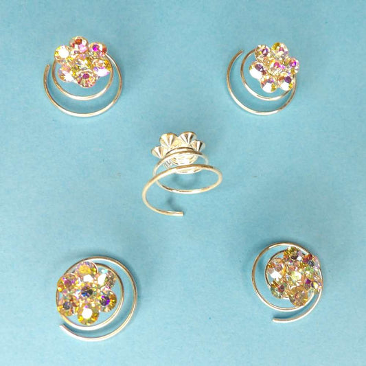 10 sparkly 10mm flower shape AB iridescent diamante hair spring pins sliver colour metal clearance