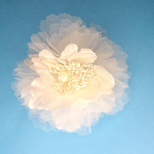 Ivory Fine Net Type Flower brooch with Pearls in the centre Hair Clip on the back size 12cm clearance