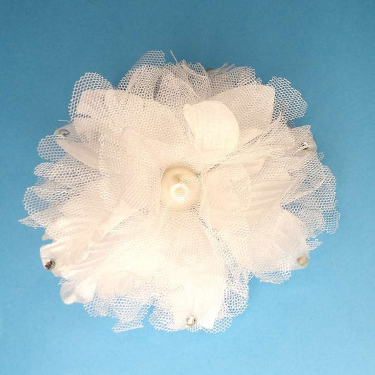 White Fine Net Type Flower brooch with Pearl in the centre and diamantes Hair Clip on the back size 12cm clearance