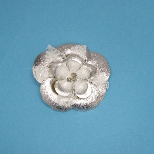 Flower Shape Silver Leatherette Type brooch with 3 diamantes in  centre size 80mm clearance