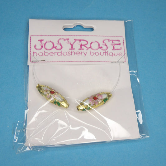 Card of 2 White / Gold flower design beads torpedo shape size 25mm x 8mm Josy Rose Brand