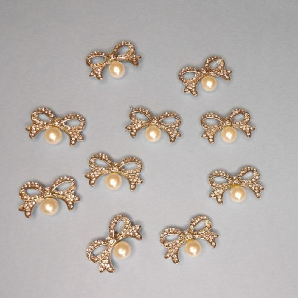 10 sparkly clear diamante flat bow design backs with pearl size 25mm x 17mm clearance