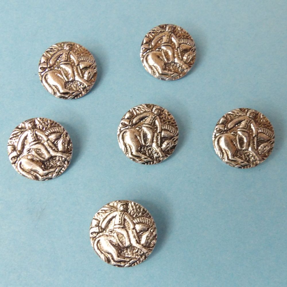 100 silver metal shank buttons with horse and rider design clearance