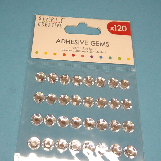 Card of 120 adhesive clear acrylic stone shiny gems size 10mm Simply Creative Brand