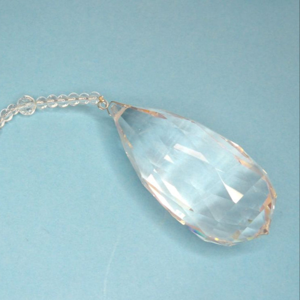 Large Heavy Glass Facetted Clear Drop Pendant 90mm x 40mm  [ with 8cm strung clear beads beads ] clearance
