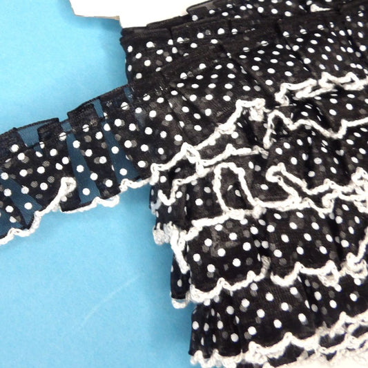 10 metres of gathered lace BLACK WITH WHITE SPOTS 25mm wide clearance