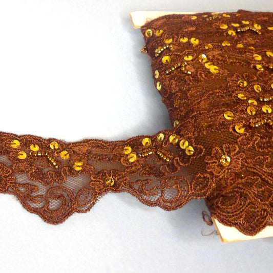 27.4 metres of Brown Lace With Beads And Sequins 50mm wide clearance