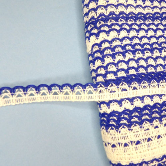 150 metre card of white narrow lace with royal blue edge 12mm wide clearance