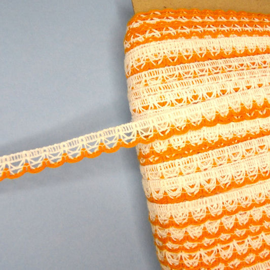 150 metre card of white narrow lace with bright orange edge 12mm wide clearance