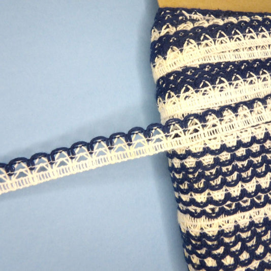 150 metre card of white narrow lace with navy blue edge 12mm wide clearance