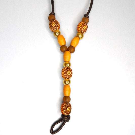 10 Necklace with fancy Fawn and Gold Colour Beads on leatherette black tie strings 70cm long clearance
