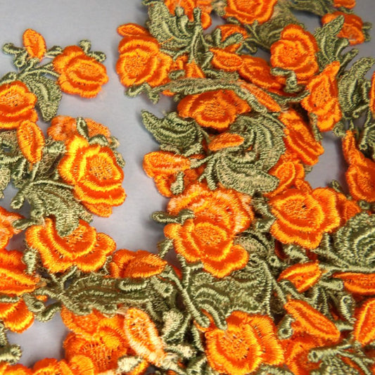 60 Orange Embroidered Rose Sew On Motifs with Green leaf size 35mm clearance