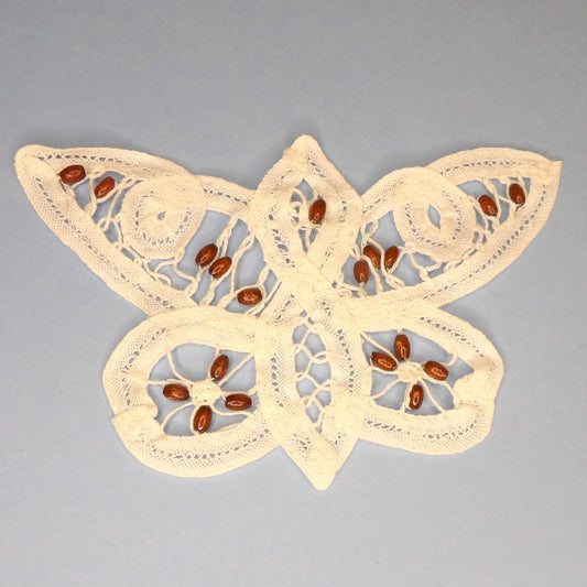 10 White Cotton Type Butterfly Design Motifs With Wooden Beads Sew On Size 15cm x 9cm Clearance