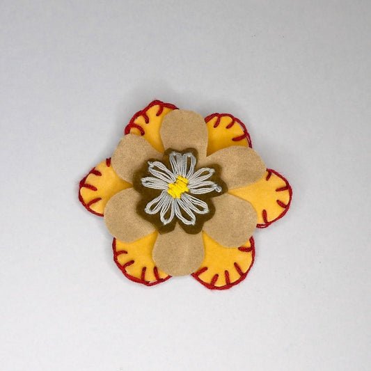 Flower Brooch With Stitched Edge Fabric Design Fawn with Grey size 80mm clearance