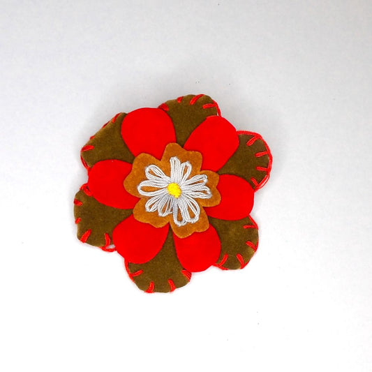 Flower Brooch With Stitched Edge Fabric Design Moss Green With Red size 80mm clearance
