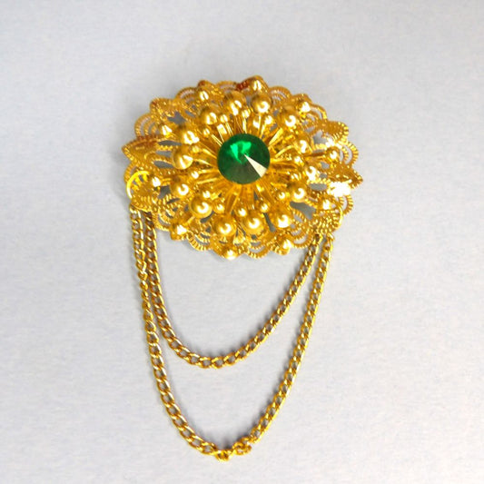 Only One 2 Gold Colour Metal Brooch With Emerald Green Centre Stone And Gold Colour Chains size 50mm x 40mm clearance