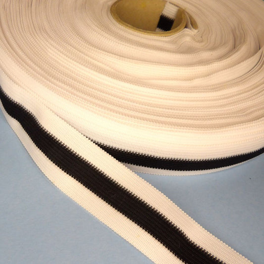 50 metres of Thin Webbing / Ribbon White with black centre stripe 28mm wide clearance