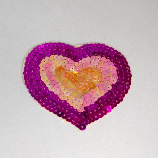 5 Purple and Lilac Sequin Hearts Iron On Motifs size 85mm x 75mm clearance