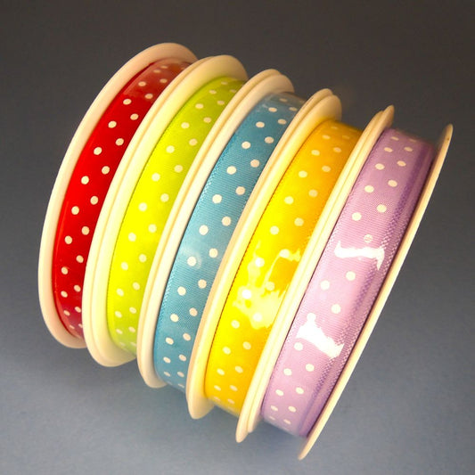 20 metres small white spots design ribbon 10mm wide choice of colour