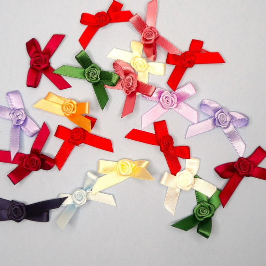 20 Assorted Colours Of Satin 7mm Bows With A Ribbon Rose in Centre Clearance
