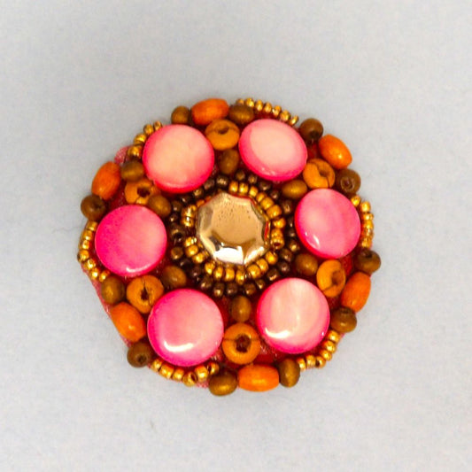 5 Iron On Bright Pink and Brown Beaded Motif with silver colour centre size 50mm clearance
