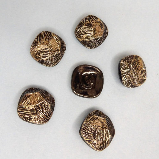 6 Large Square Black Glass Shank Buttons With  Silver Design Size 24mm clearance