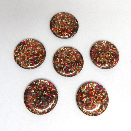 6 Large Black With Multi Colour Glitter 2 hole Buttons  Size 25mm clearance