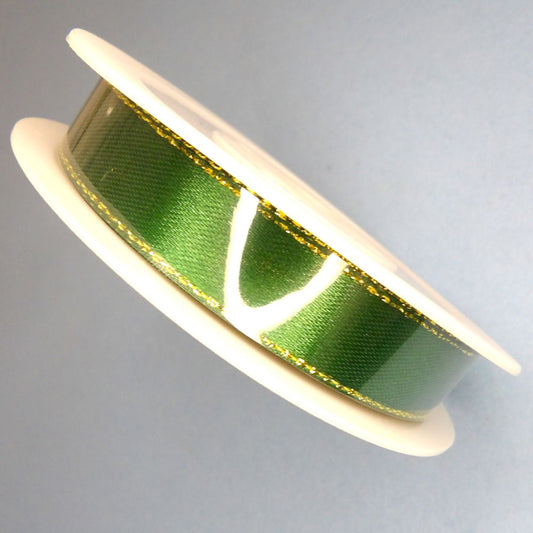 25 Metres Of Emerald Green Satin Ribbon Ribbon With Metallic Gold Edge  Design 15mm wide