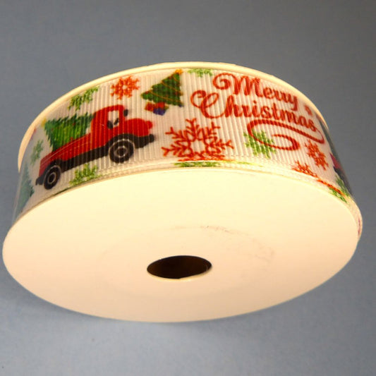 10 Metres Of White Grosgrain Ribbon With Merry Christmas And Tree In Red Van Design 22mm wide