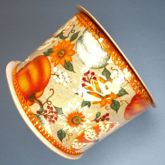 10 Metres  Of Fawn With Orange Pumpkin Design Halloween Ribbon Wired Edge 63mm Wide