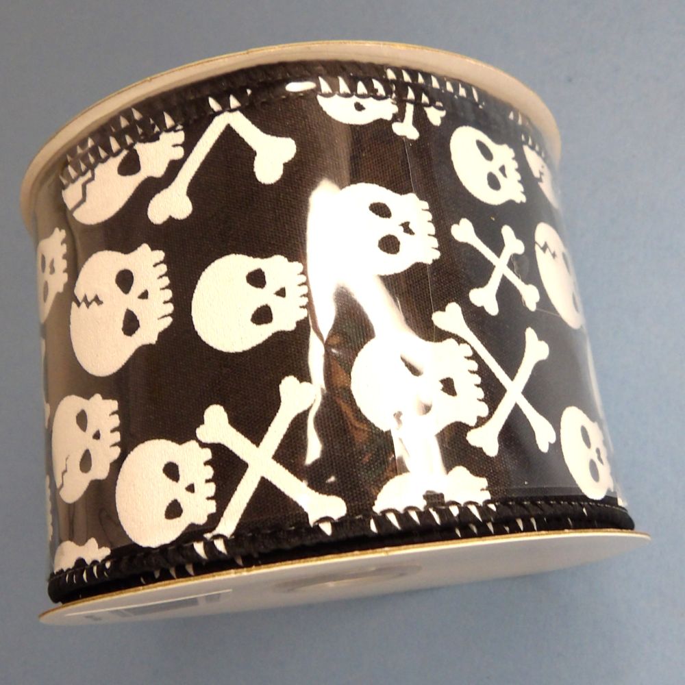 10 Metres  Of Black With White Sull And Cross Bone Design Halloween Ribbon Wired Edge 63mm Wide