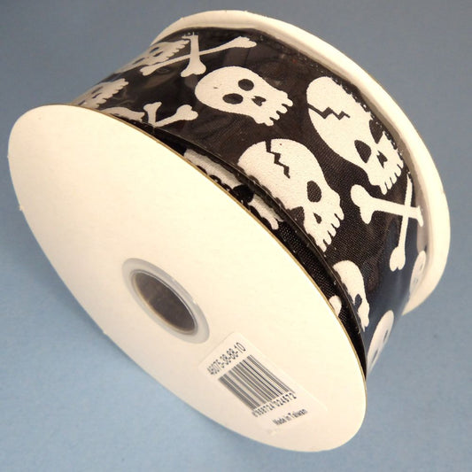 10 Metres  Of Black With White Sull And Cross Bone Design Halloween Ribbon Wired Edge 38mm Wide