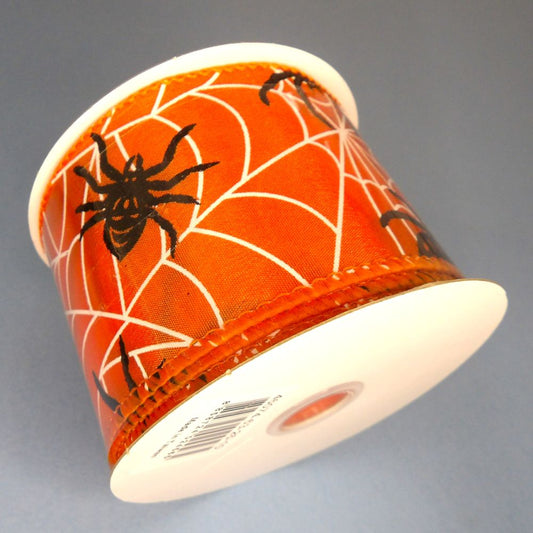 10 Metres  Of Orange Spider Web Design Halloween Ribbon Wired Edge 63mm Wide