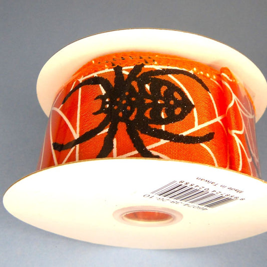 10 Metres  Of Orange Spider Web Design Halloween Ribbon Wired Edge 38mm Wide