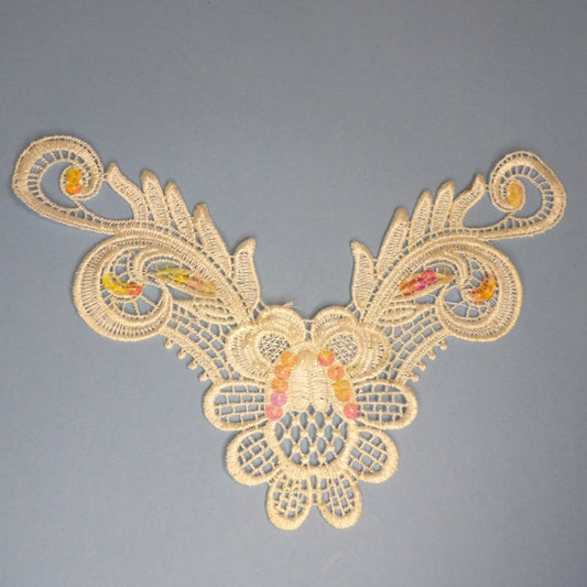5 Ivory Guipure Type Lace Motifs With Beads And Iridescent Sequins 23cm x 16cm Clearance