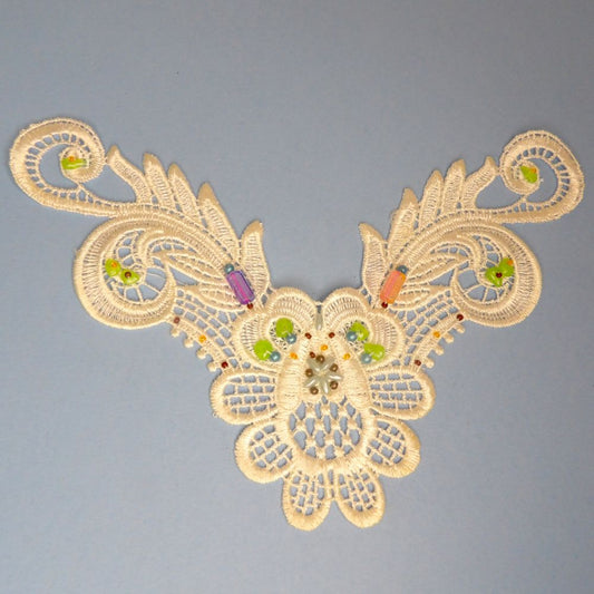5 Ivory Guipure Type Lace Motifs With  Bright Coloured Beads 23cm x 16cm Clearance