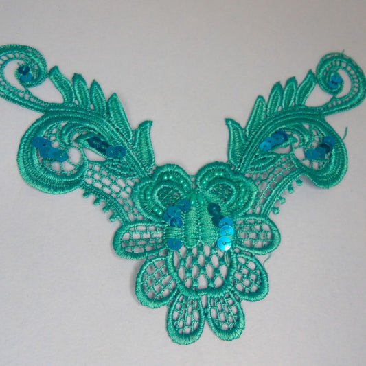 5 Deep Turquoise Guipure Type Lace Motifs With Beads And Sequins 22cm x 15cm Clearance