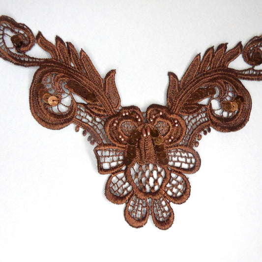 5 Dark Brown Guipure Type Lace Motifs With Beads And Sequins 22cm x 15cm Clearance