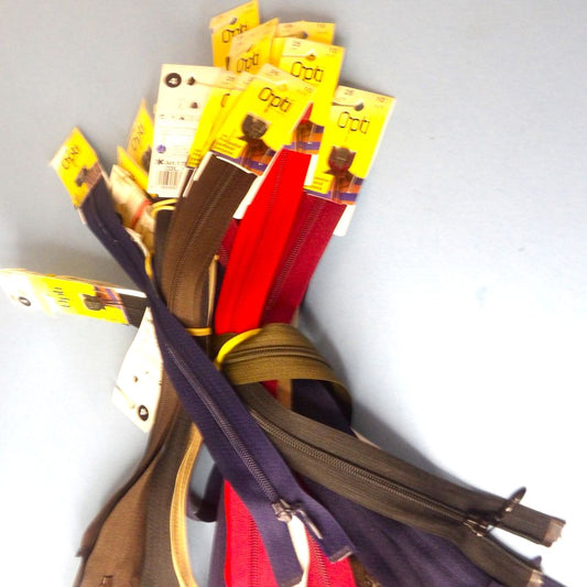 Only one 45 Assorted colours of 25cm / 10 inch FINE TEETH NUMBER 3 OPEN END zips Opti Brand with hanging tags