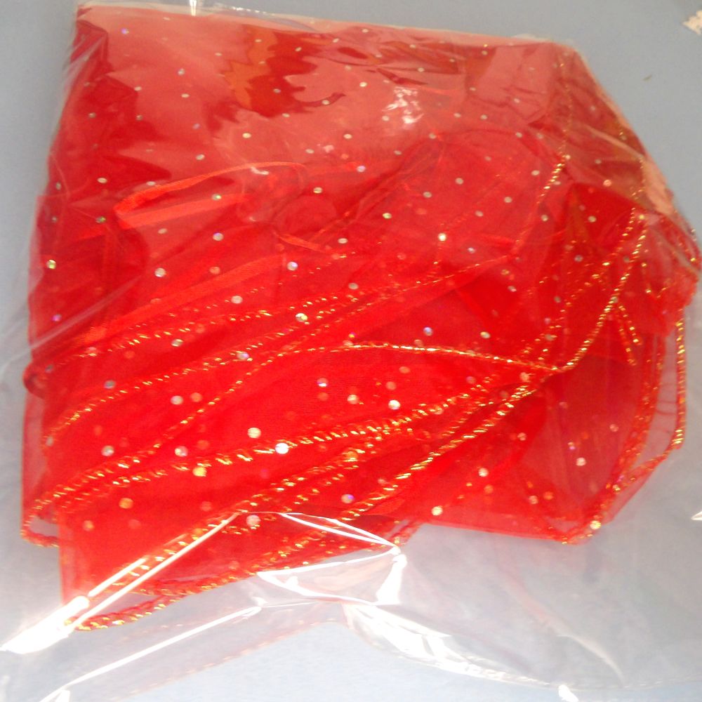 10 Organza Circles Bright Red With Holographic Silver Spots And Gold Glitter Edge With 3mm Ribbon They Pull Into A Fancy Bag size 48cm Great For Gift Packaging