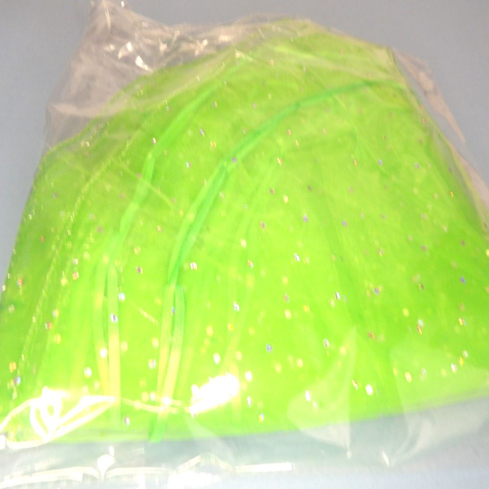 10 Organza Circles Bright Green With Holographic Silver Spots And Silver Glitter Edge With  3mm Ribbon They Pull Into A Fancy Bag size 48cm Great For Gift Packaging