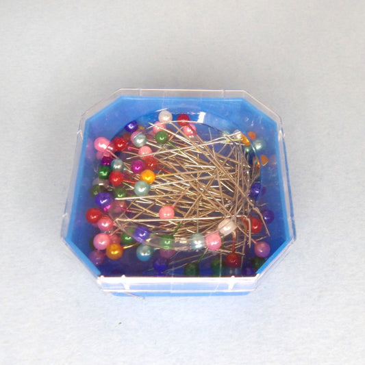 12 Boxes Of Pearl Headed  Pins Assorted Colours In Hexagon Shape Blue Plastic Box With Clear Lid