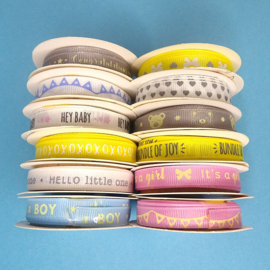 12 Small Reels Of Assorted Dovecraft Baby Design Grosgrain Ribbon 2 metres on each 11mm wide clearance