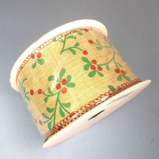 10 Metres Of Fawn Wired Edged Ribbon With Green Leaf And Shiny Red Berry Deign 63mm wide