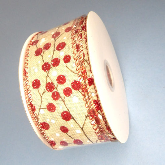 10 Metres Of Fawn wired edged Ribbon With Shiny Red Berry Deign 38mm wide