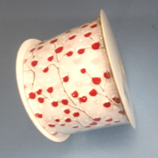 10 Metres Of White wired edged Ribbon With Shiny Red Berry Deign 63mm wide