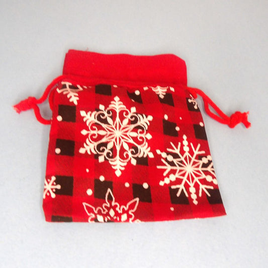3 Small Red Fabric Draw String Bags With Snow Flak Design Size 10cm x 13cm